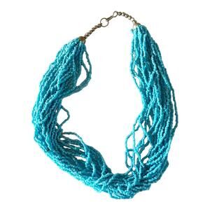 Turquoise Colored Beaded Rope Strand Necklace 9” Drop Silver Clasp